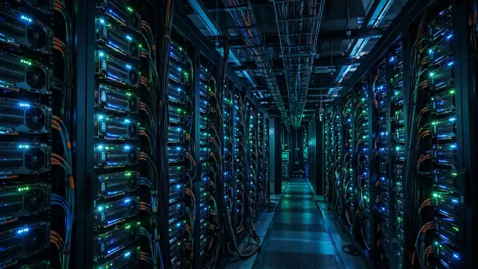 AI-generated illustration of an AI data center server hall.