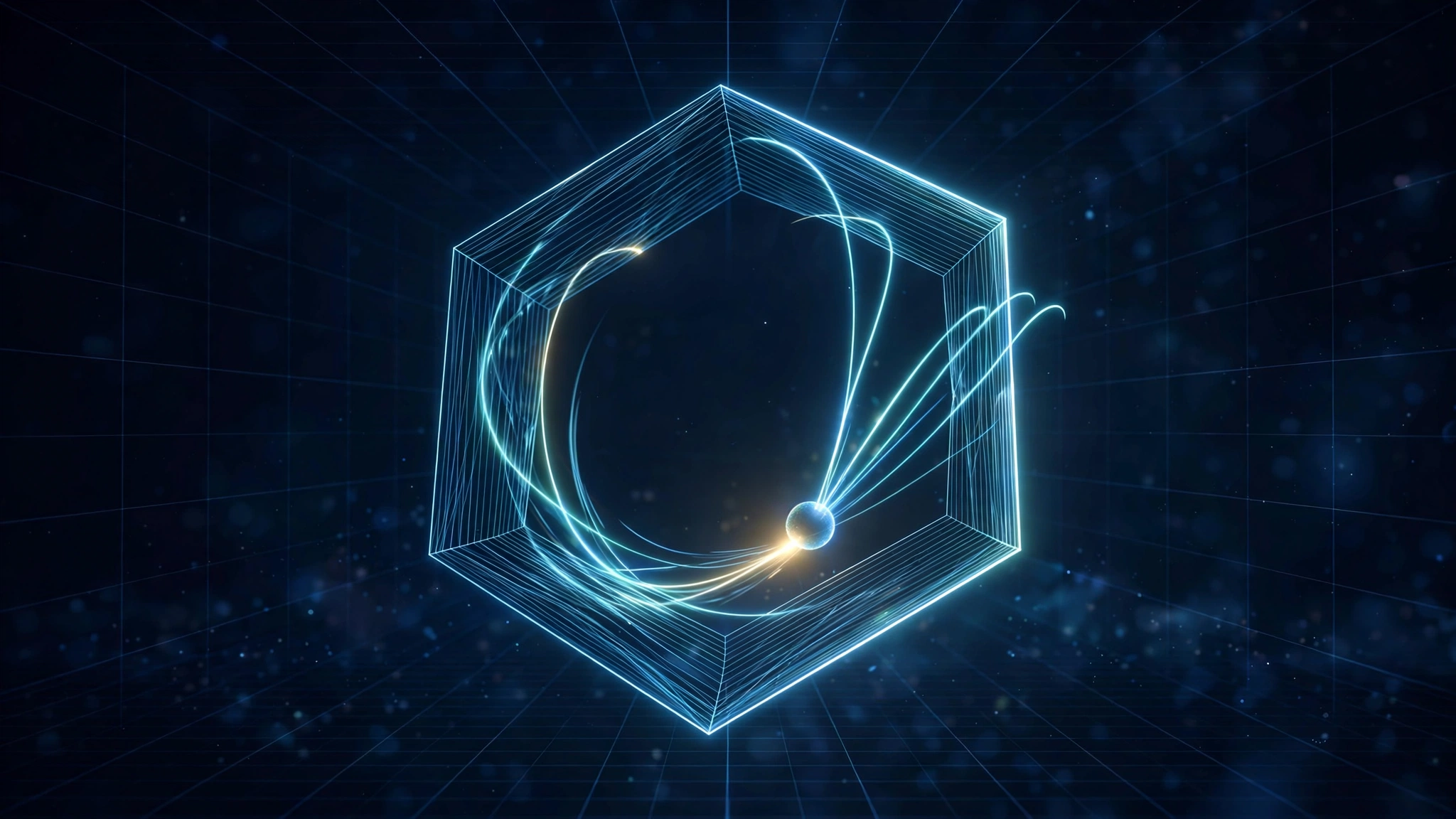 A glowing wireframe hexagon spinning in dark space with a luminous ball bouncing off its inner edges, trailing arcs of light