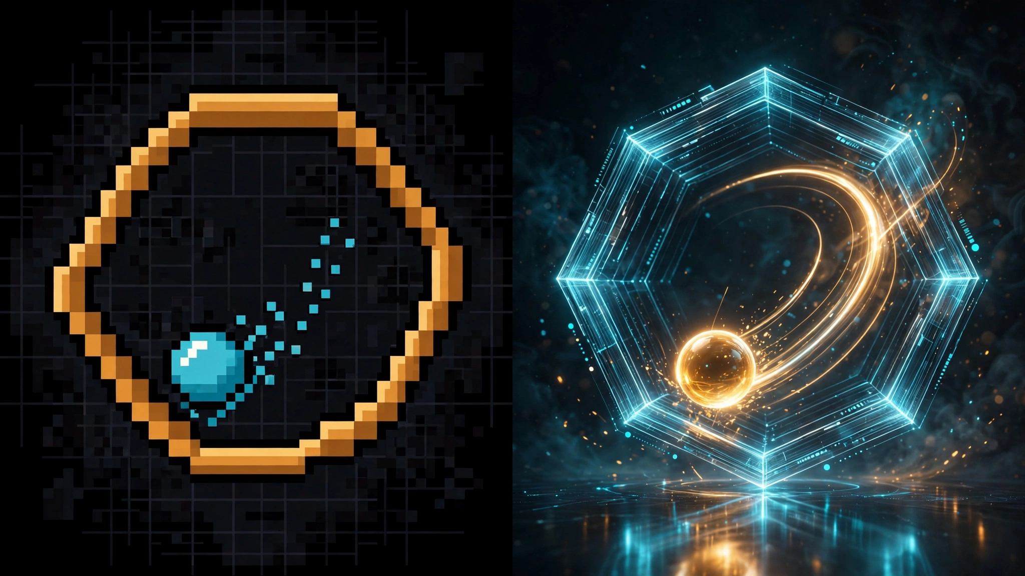 Split illustration: a crude retro pixel rendering of a ball inside a hexagon on the left, and a detailed luminous hologram of the same demo on the right