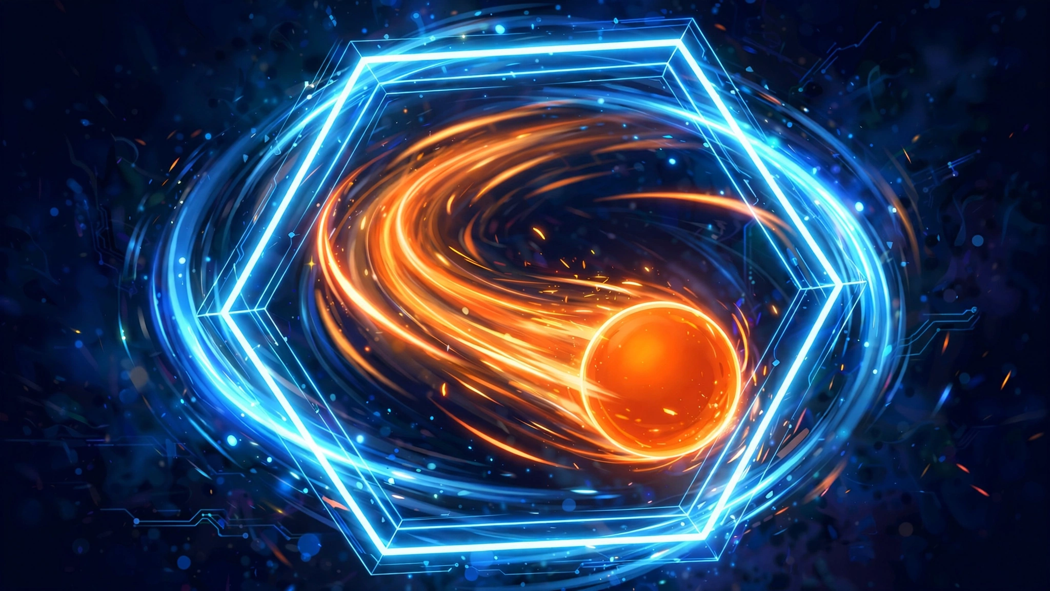 Illustrated thumbnail: a glowing ball bouncing inside a spinning hexagon, the classic AI coding benchmark demo
