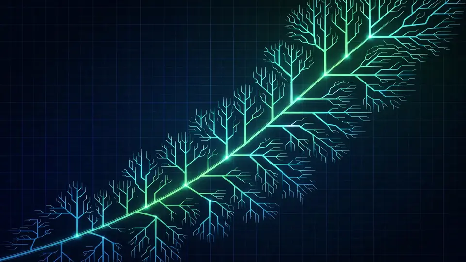 Glowing decision-tree branches forming a rising valuation curve