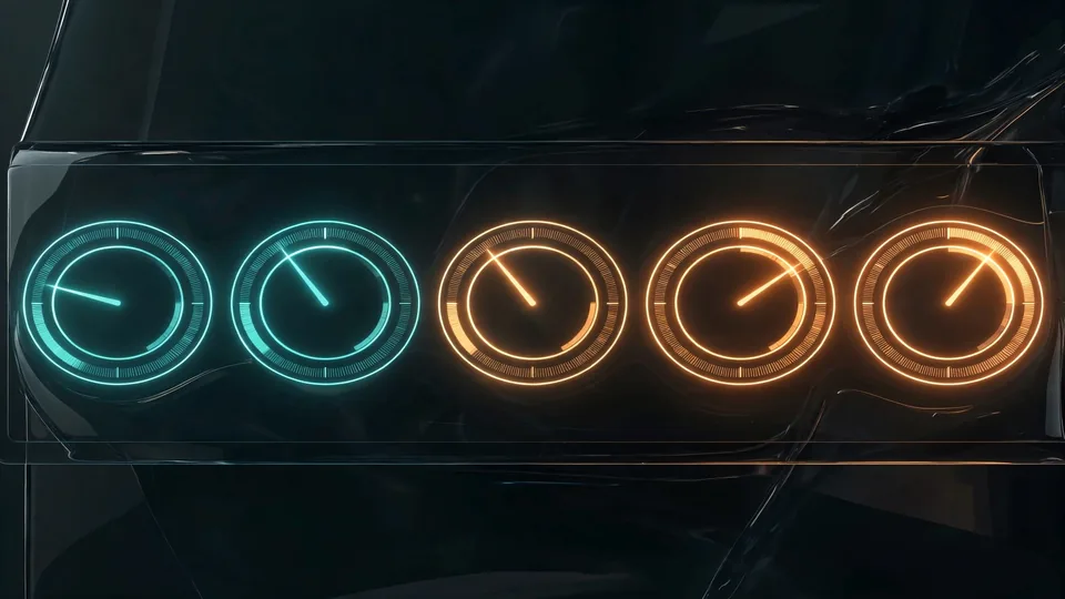 Glowing confidence gauges showing calibrated probability scores