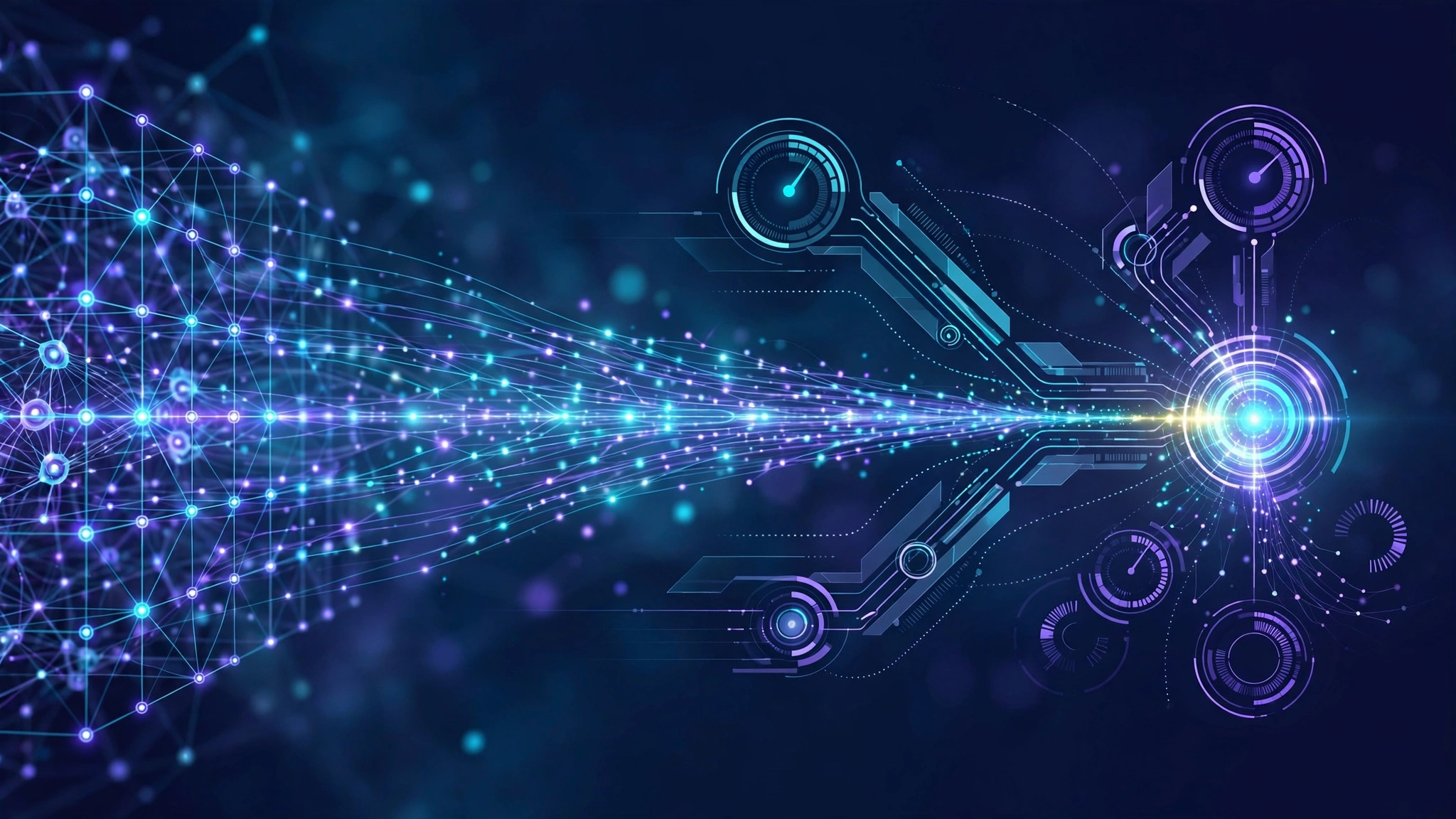 Editorial illustration of a neural network funneling into glowing decision dials and branching pathways