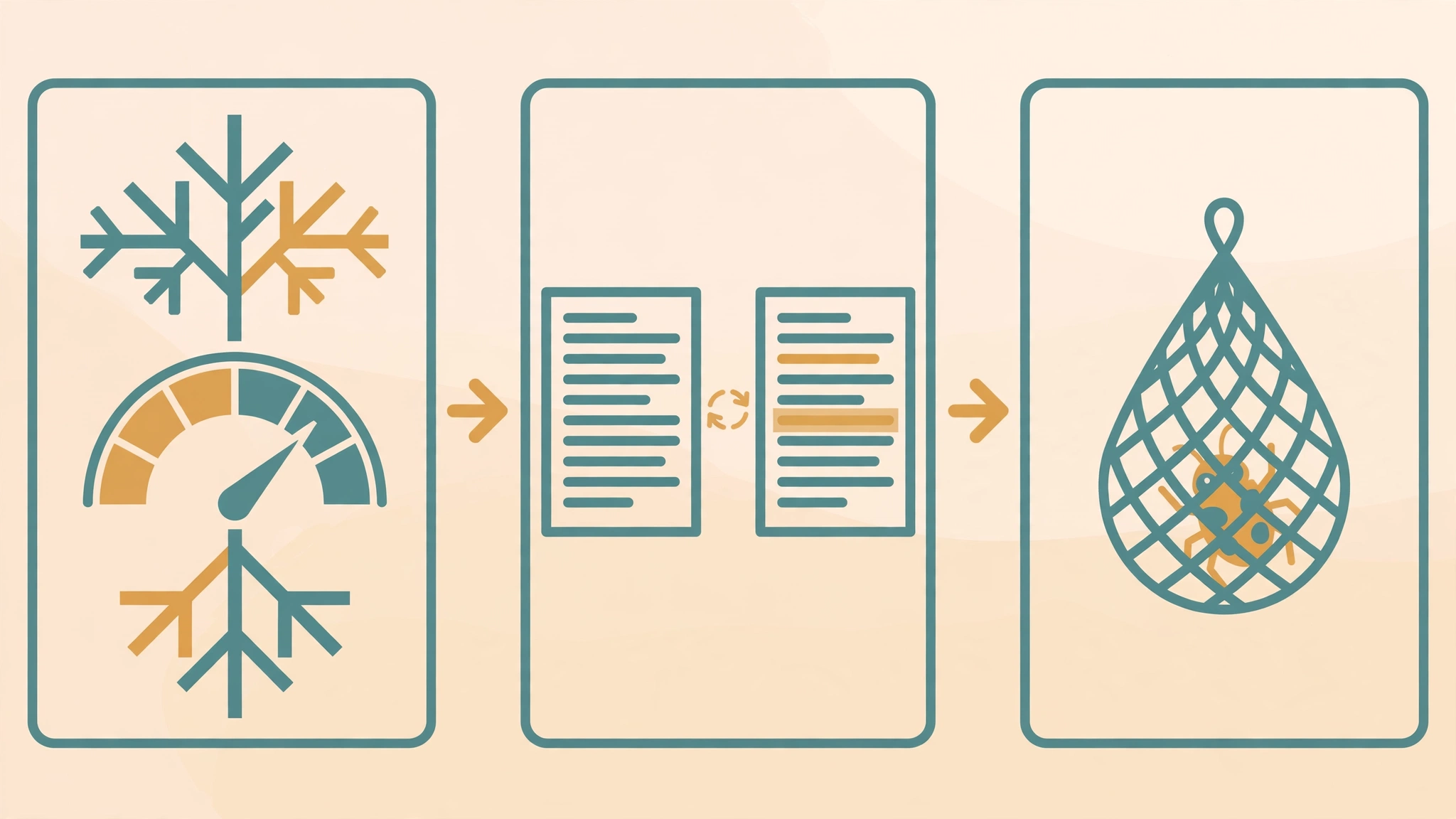 Three quality-gate panels: a branching complexity meter, two near-identical code blocks being compared, and a mutant bug caught in a test net