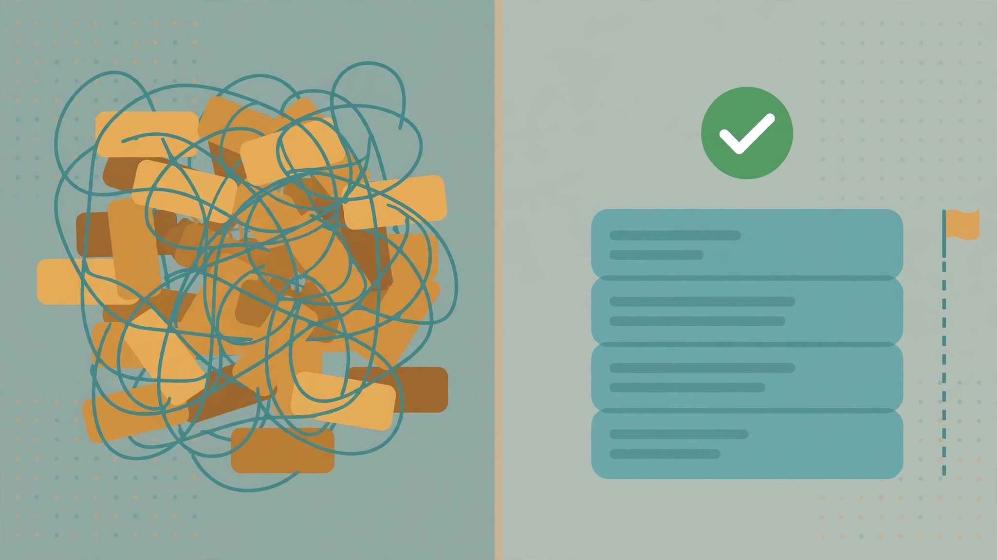 Before and after a cleanup: tangled duplicated code blocks on the left, a single tidy block with a check mark on the right