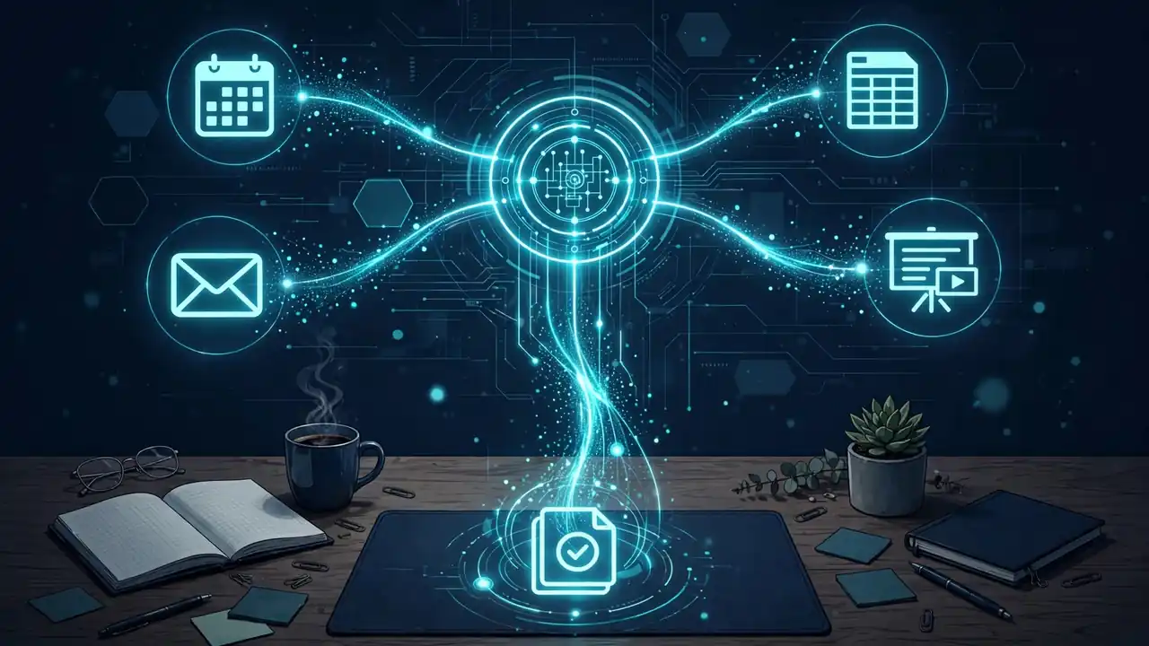 Abstract diagram of an AI agent connecting workplace apps into finished documents