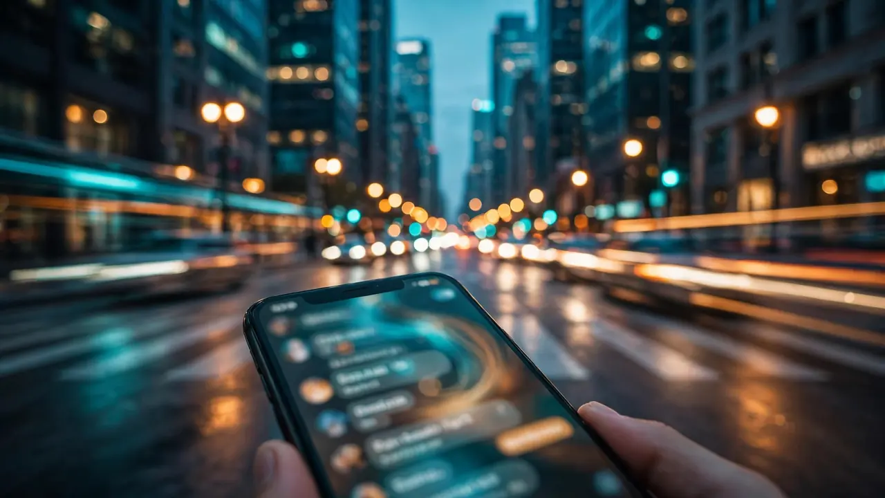 City street at dusk with a smartphone showing an AI chat interface