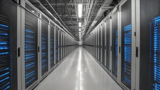 A long corridor of server racks glowing blue inside a modern data centre