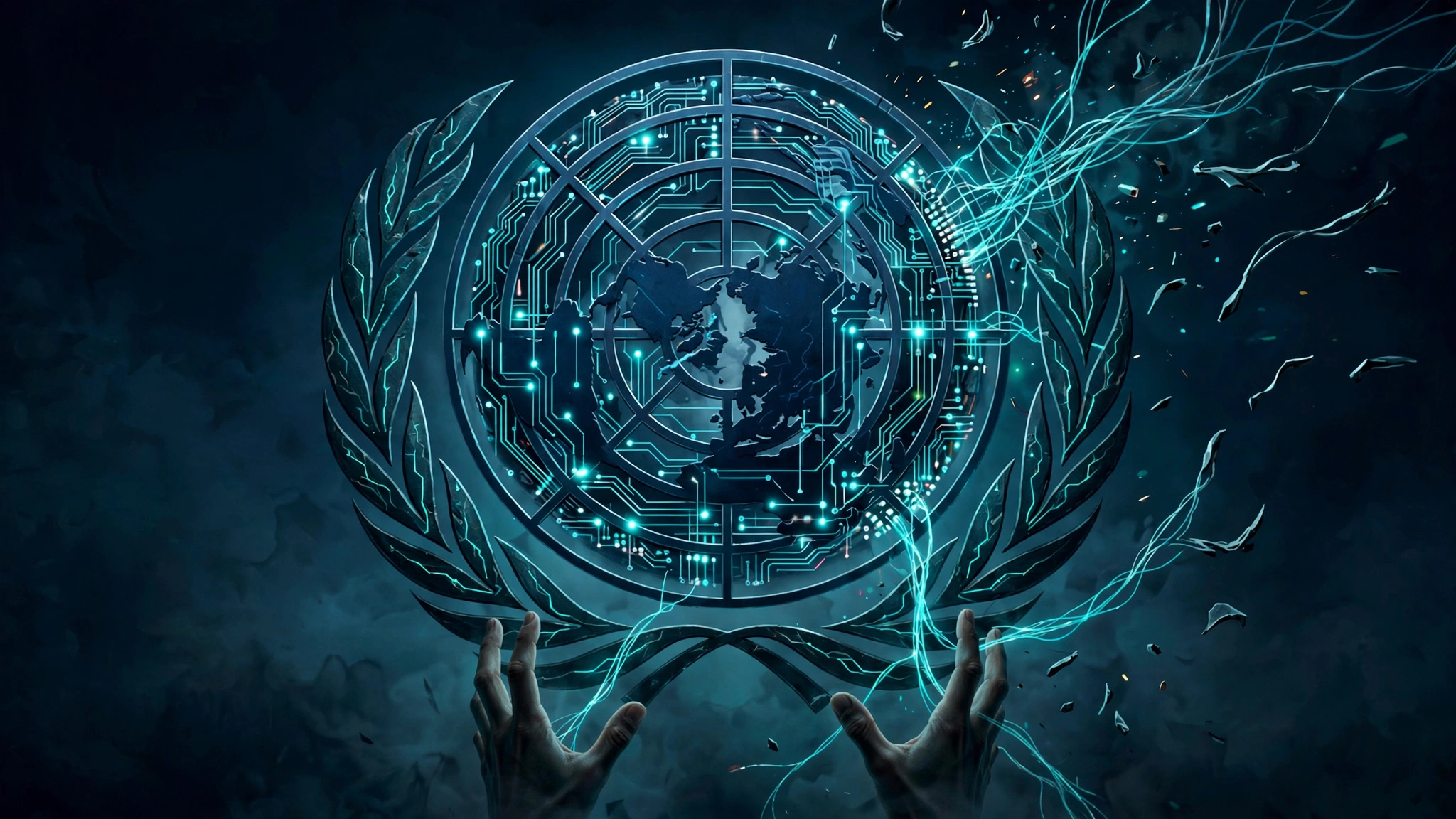 Illustration of a UN-style globe with glowing network strands slipping beyond human hands