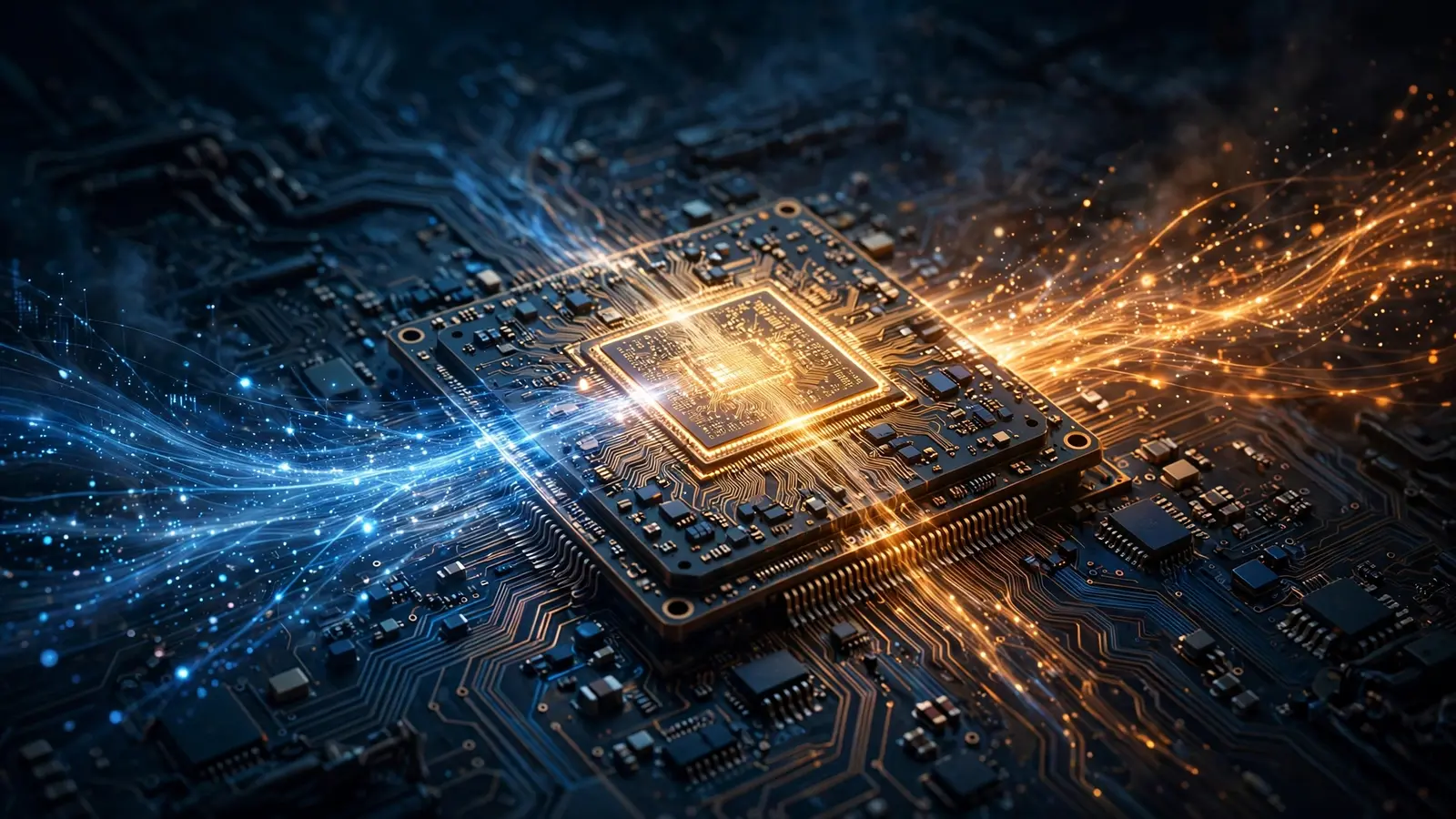 Editorial illustration of a glowing AI chip on a circuit board, with blue and amber streams of light converging into it