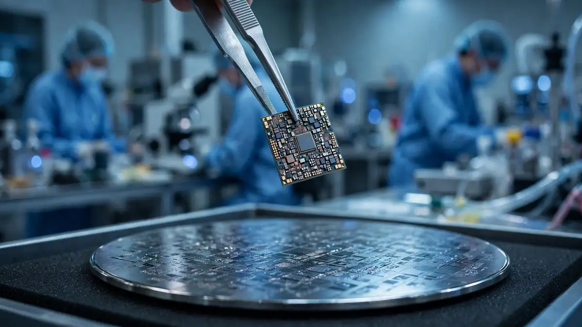 A prototype AI chip held in tweezers above a silicon wafer in a laboratory