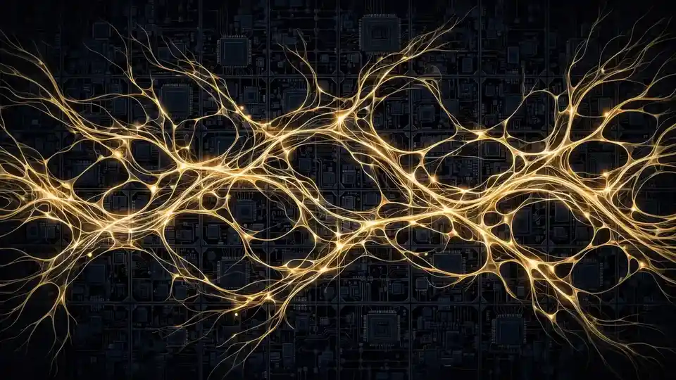 Golden light paths weaving through a dark chip lattice, suggesting a biology-inspired computing network
