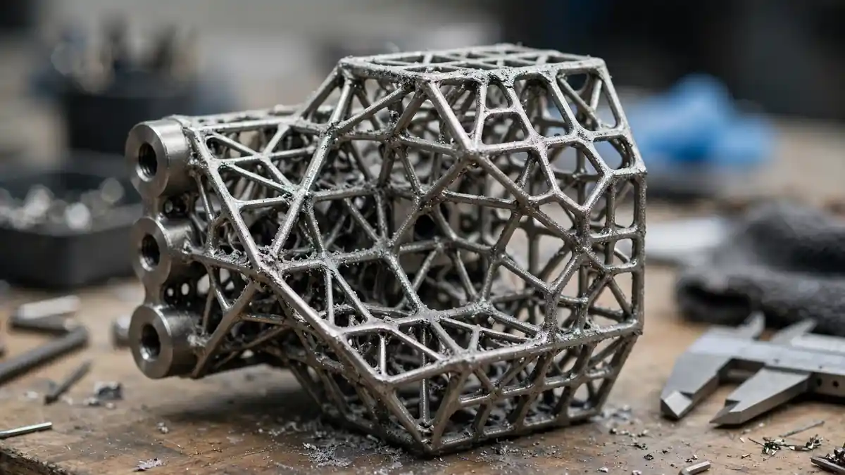An intricate 3D-printed metal component with lattice structures on a workbench