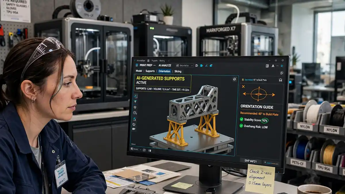 A process engineer reviewing a 3D part model with AI-generated support guidance on screen