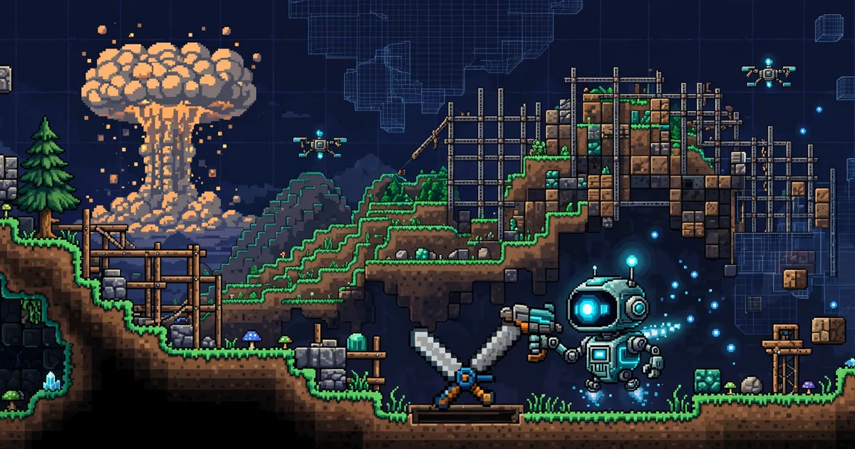 A small clockwork robot made of brass gears inside a terminal window, facing a giant glowing neural-network cloud that it pointedly ignores, on a dark navy background