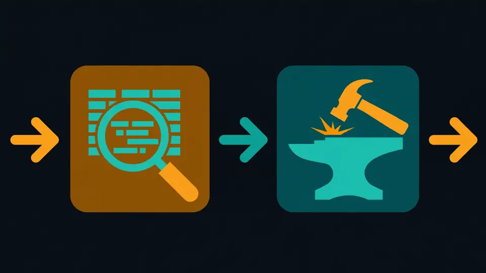 Flat diagram of the universal-modder pipeline: a scanning eye for recon, a magnifying glass over code, a hammer building the mod, and a game controller with a checkmark for verification