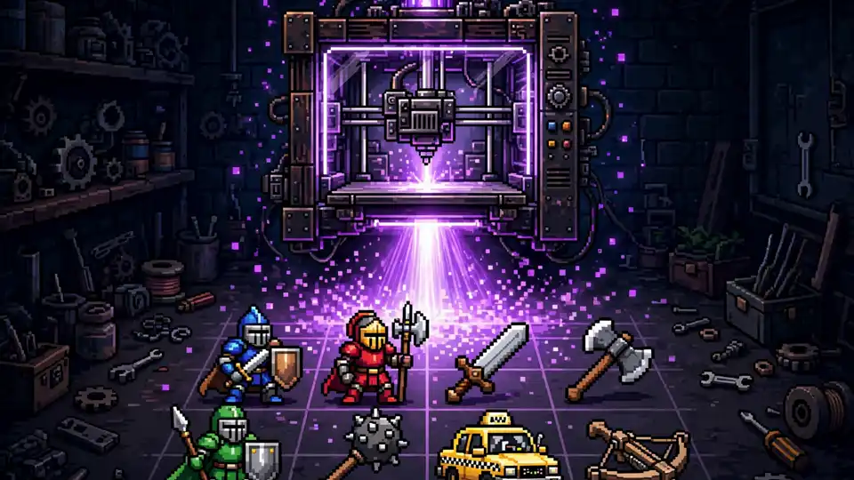 Pixel-art game sprites — knights, weapons and a robot taxi — being generated from a glowing 3D-printer-like machine with a purple beam