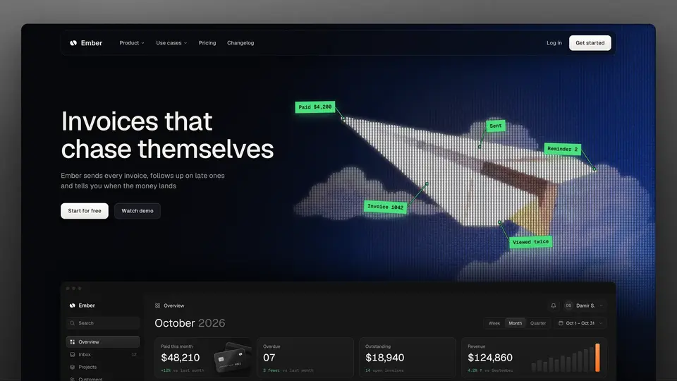 The EmberAI hero after unslopping: a calm scene with the headline on empty space and the product view rising from the bottom edge