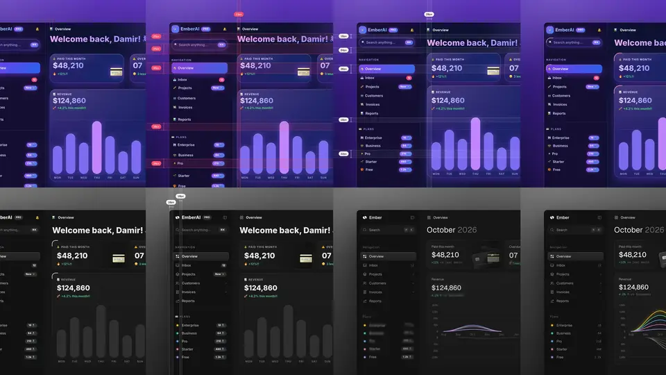 Eight frames from the unslop story video: the purple EmberAI dashboard morphing step by step into the quiet dark design