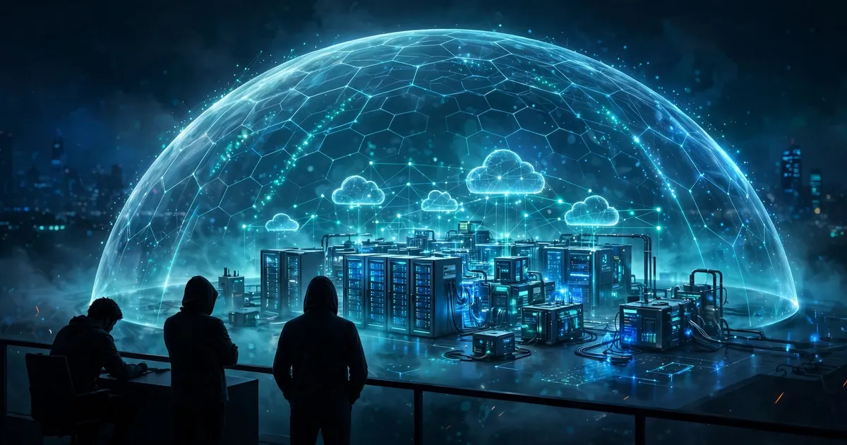 A glowing shield over cloud server infrastructure at night, an editorial illustration of cloud and AI security