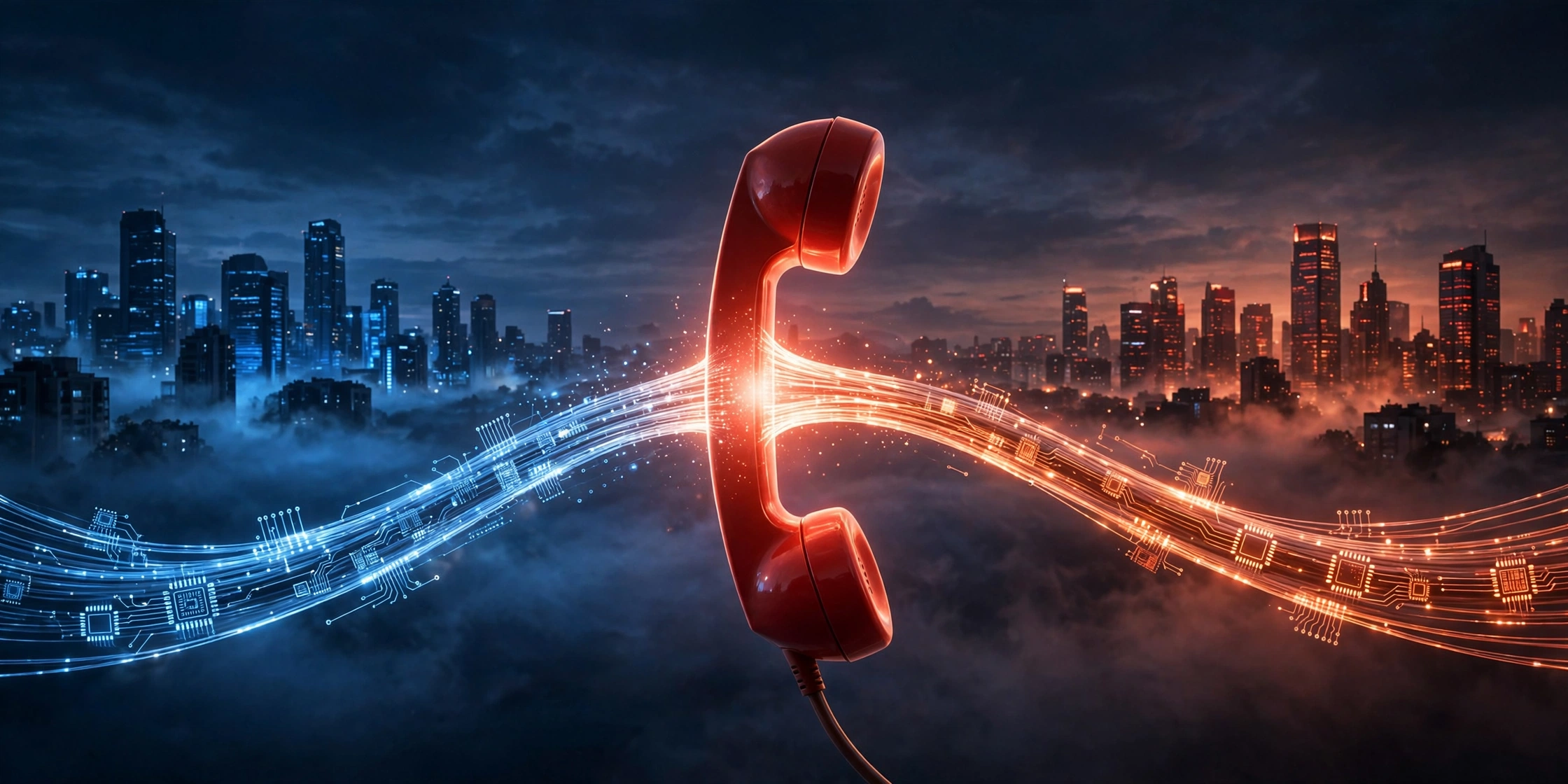 A glowing red telephone hotline handset suspended between two city skylines, one bathed in blue light and one in red, with streams of circuit-lit data flowing between them