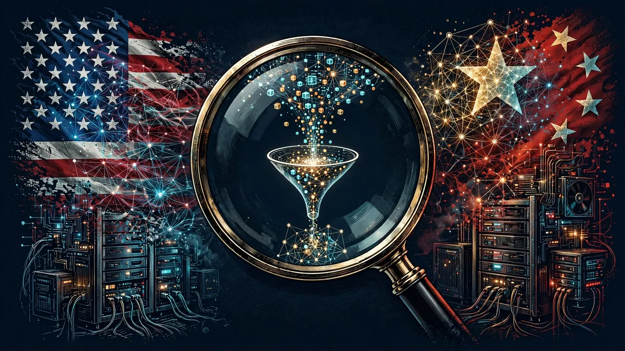 Editorial illustration of the US-China AI standoff: the two flags dissolving into neural networks while a magnifying glass reveals data tokens being siphoned through a funnel