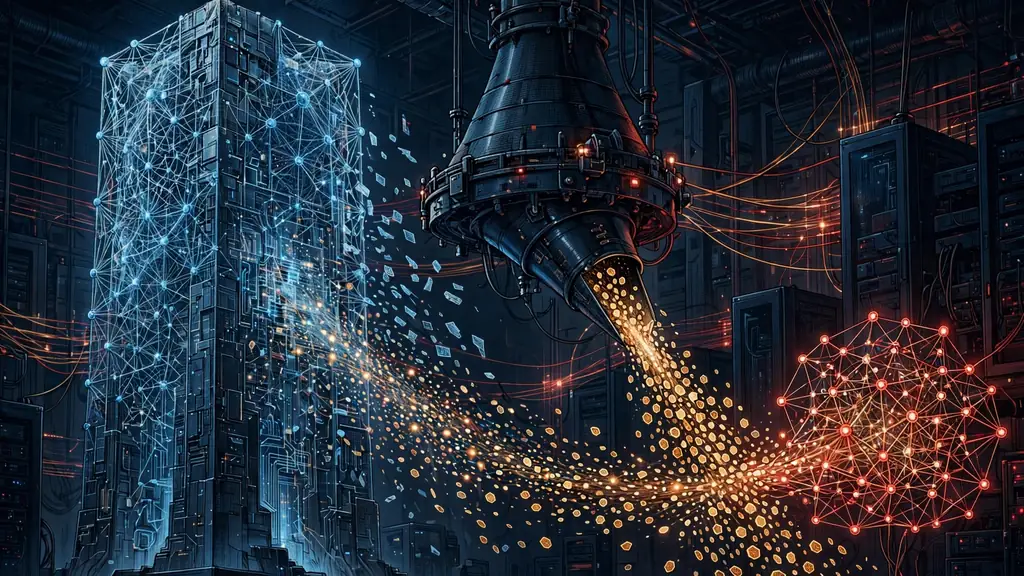 Editorial illustration of AI distillation: glowing data tokens siphoned through a funnel from a large neural network into a smaller one