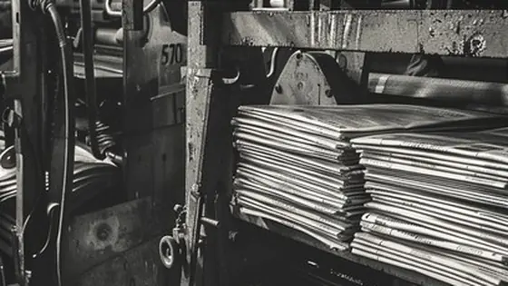 A newspaper printing press running.