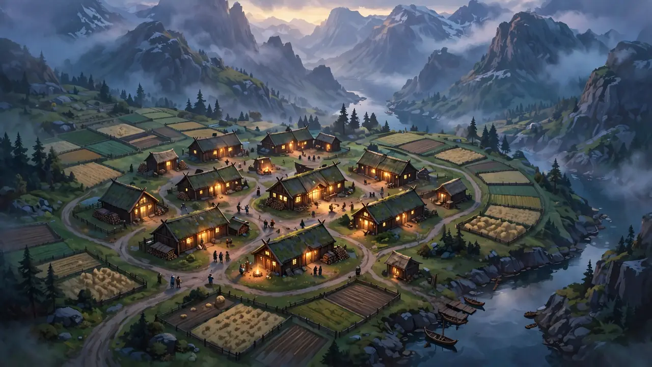 A Viking village at dusk seen from above, with glowing longhouses, fields, and winding roads by a fjord
