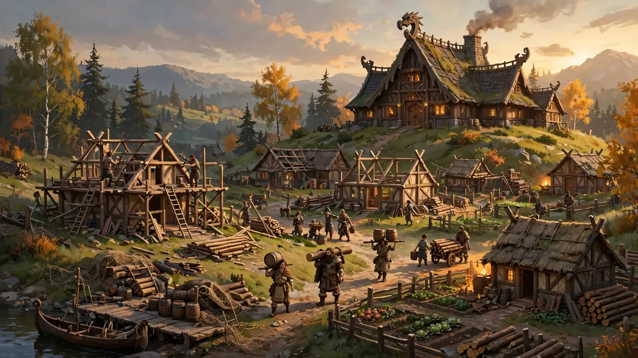 A Viking settlement under construction, with timber house frames, villagers carrying barrels and timber, and a great hall on a hill