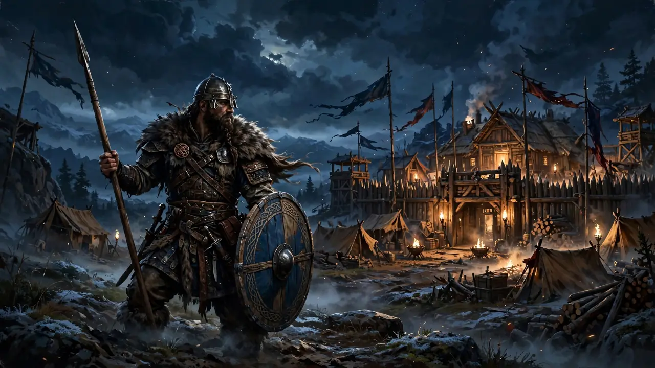 A Viking warrior with spear and shield before a fortified wooden camp at night, lit by torches