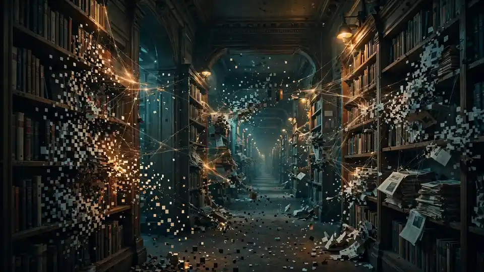 Illustration of an archive library where books and pages dissolve into pixels as luminous threads snap