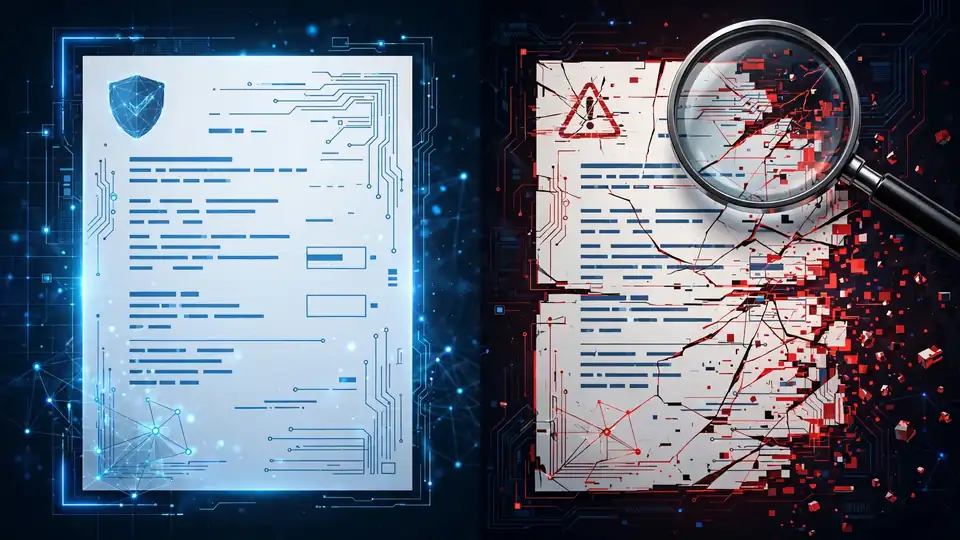 Illustration of an authentic glowing document beside a glitching corrupted twin under a magnifying lens