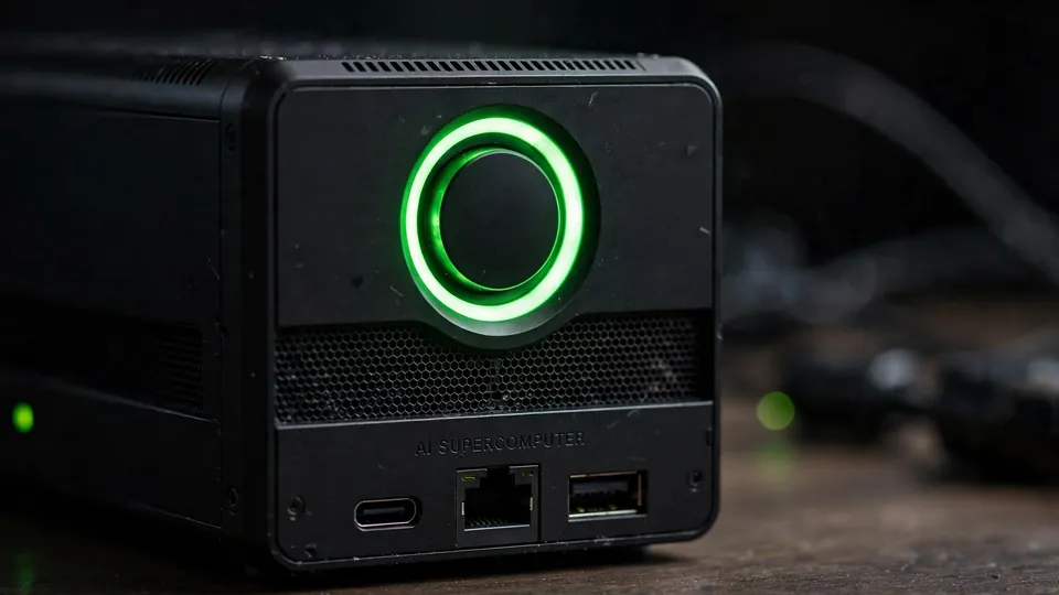 A compact desktop AI supercomputer with glowing status lights in a dark office
