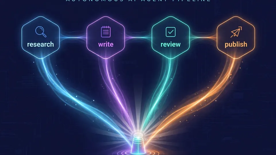 An illustration of an autonomous AI agent pipeline: research, write, review and publish nodes linked by light streams