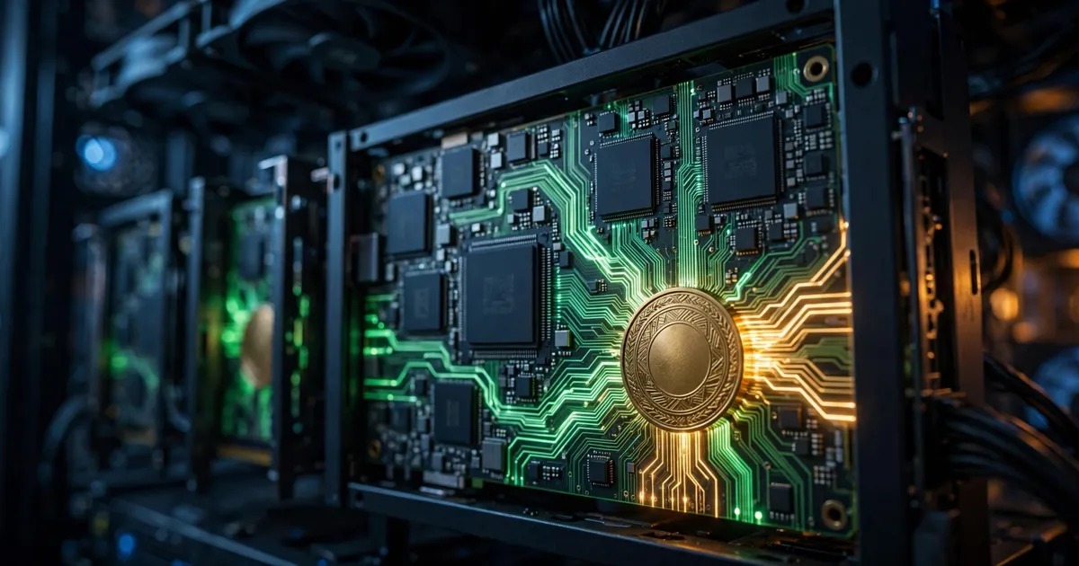 AI-generated illustration of GPU chips in a data-center server rack with a bitcoin motif
