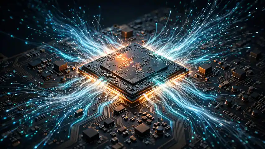 Illustration of a GPU chip with memory data streams expanding beyond its boundaries