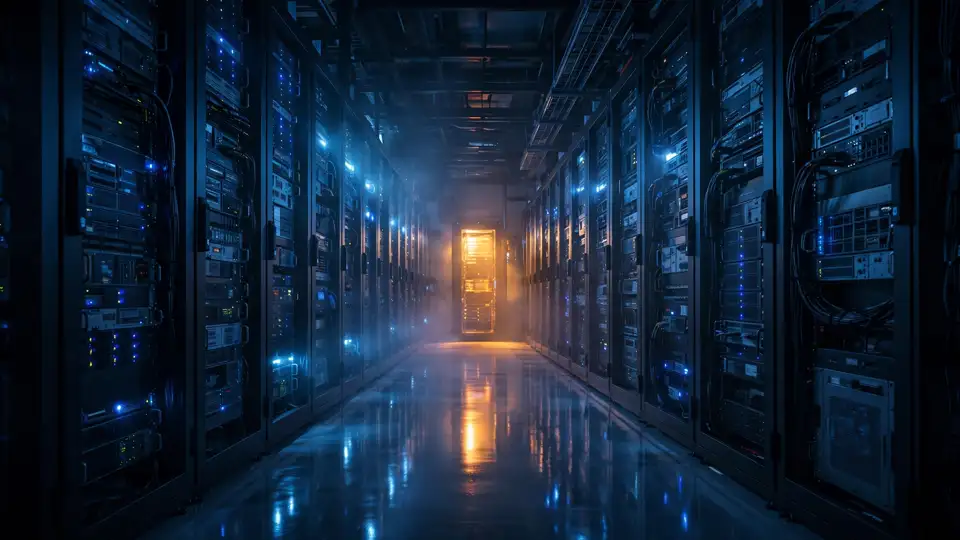 Illustration of a dim data-center aisle with rows of server racks