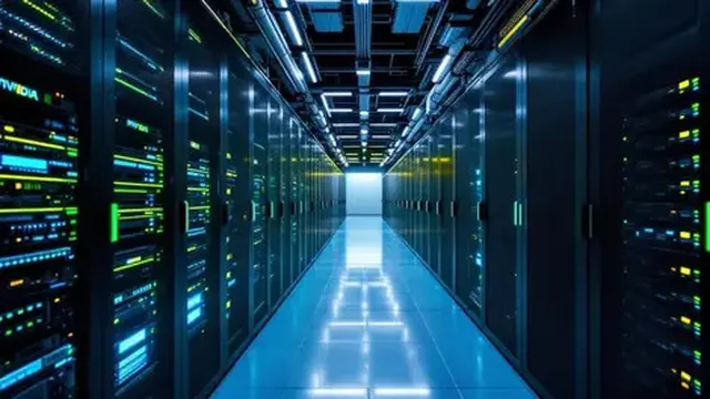 A darkened data center corridor lined with GPU server racks