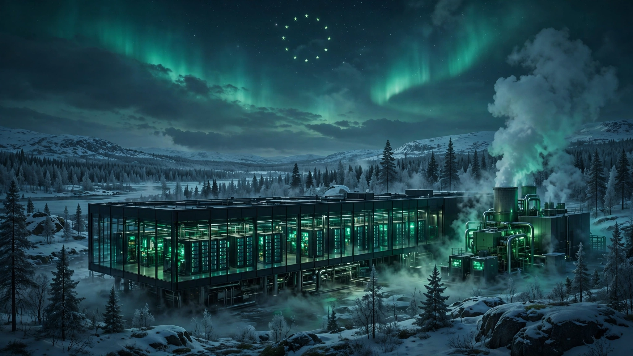 Illustration of a green-powered AI data center in a snowy Nordic landscape under the aurora