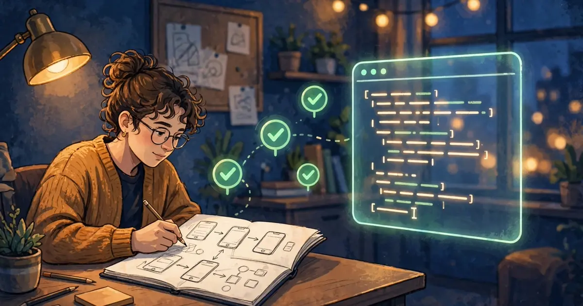 A learner sketching an app plan while an AI terminal writes code, with a checkpoint checkmark between them