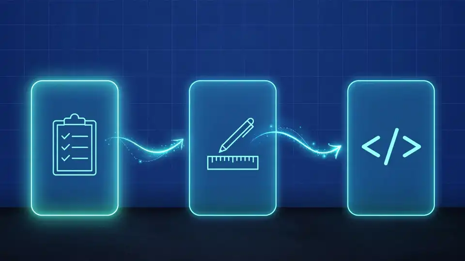 Three glowing cards for plan, design, and code connected by arrows on a dark desk