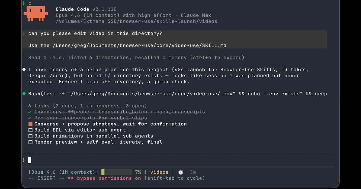 Screenshot of a Claude Code session running video-use: a six-task edit plan covering inventory, strategy proposal, EDL build, animation overlays, and render preview with self-evaluation