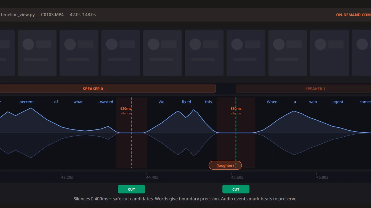 The timeline_view composite that video-use renders on demand: filmstrip frames, speaker track, audio waveform, word labels and silence-gap cut candidates