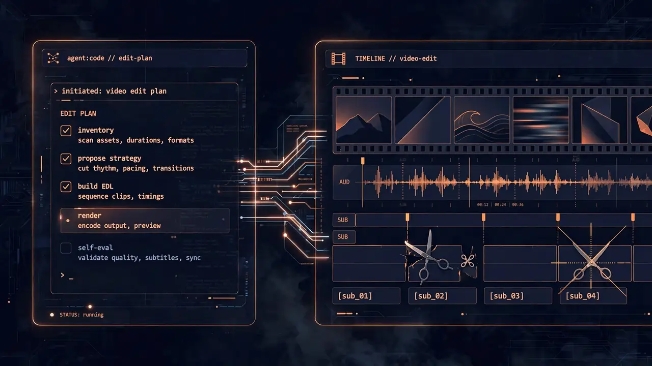 Illustration of an agent-driven edit: an edit-plan checklist on the left connected by glowing lines to a filmstrip timeline with waveform, subtitle tracks and cut points on the right