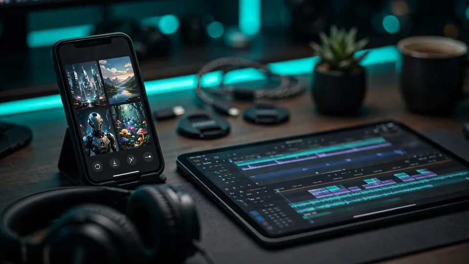 A creator’s desk with a smartphone AI art app and video editing tools