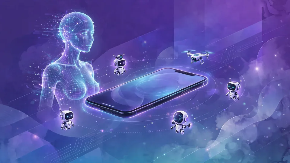 A digital human avatar and intelligent agent icons orbiting a smartphone