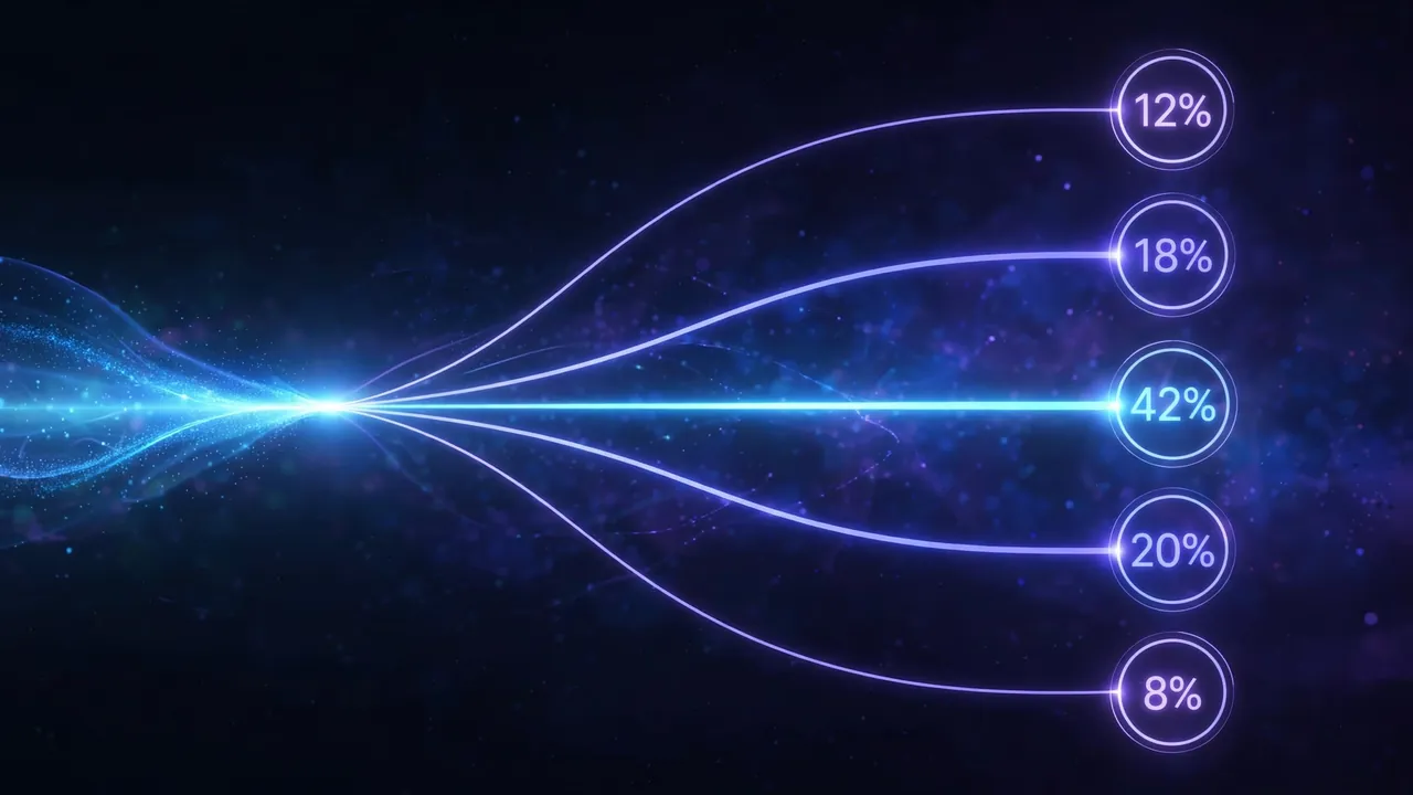 Abstract illustration of a beam of light splitting into probability-weighted decision paths