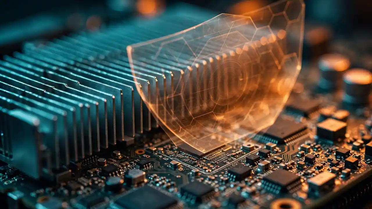 Macro illustration of a GPU circuit board under dramatic lighting with a security shield motif