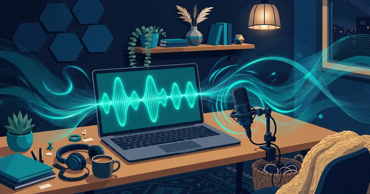 A local voice studio illustration: a laptop rendering a teal audio waveform beside a studio microphone